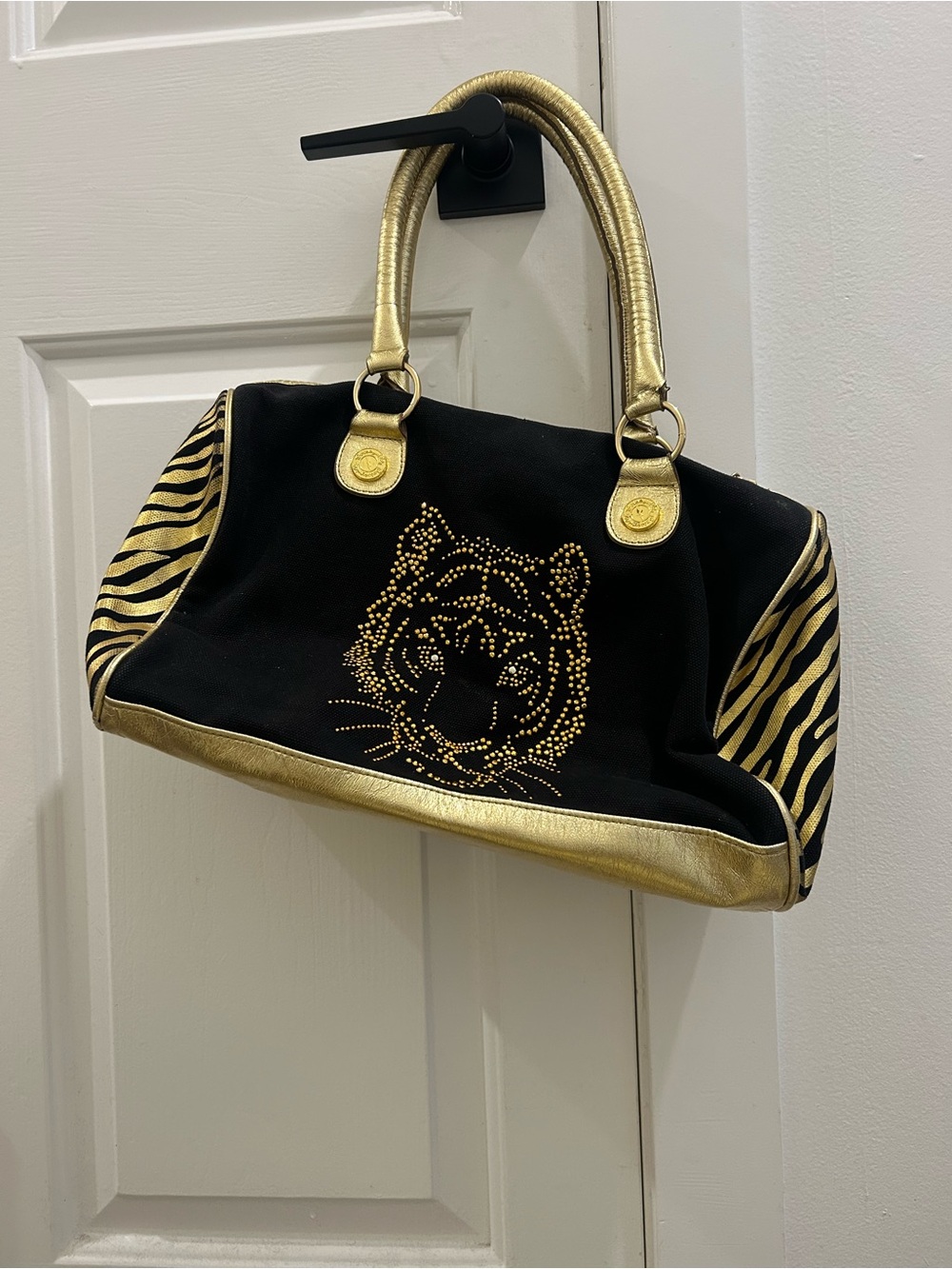 Betsey Johnson Black and Gold Studded Tiger Accent Satchel